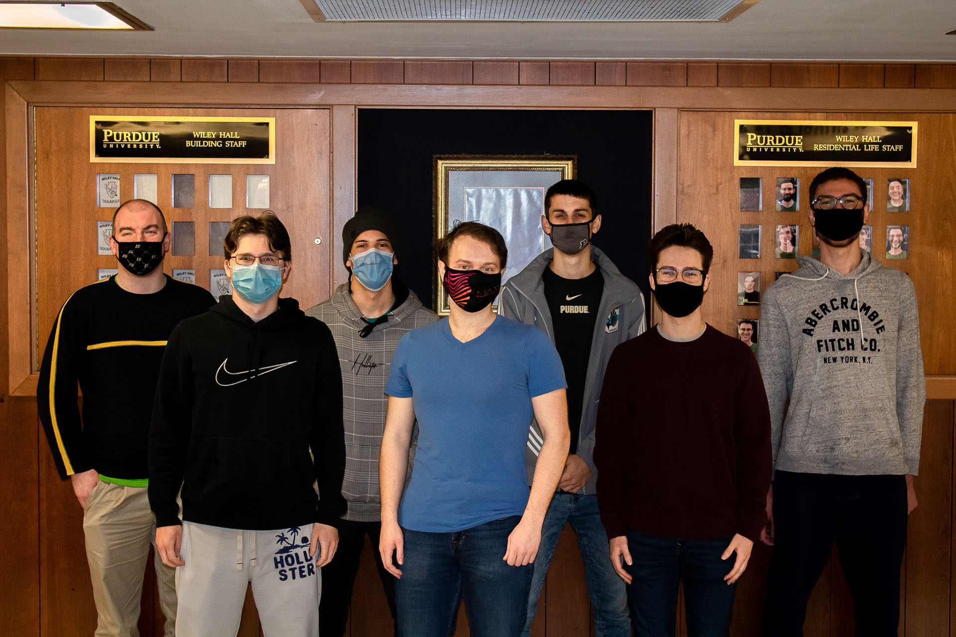 Torin Vandervort (front row, center) with members of the Wiley Hall staff. Back row, from left: Samuel D Clary (residence education coordinator), Vincent Ejimofo Ekwealor (RA), Kip J Touseull (RA) and Youssef Melad Ramz Beshay (RA). Front row, from left: Michael David Harshman (RA), Vandervort and Tyler W Messerly (residence education assistant).